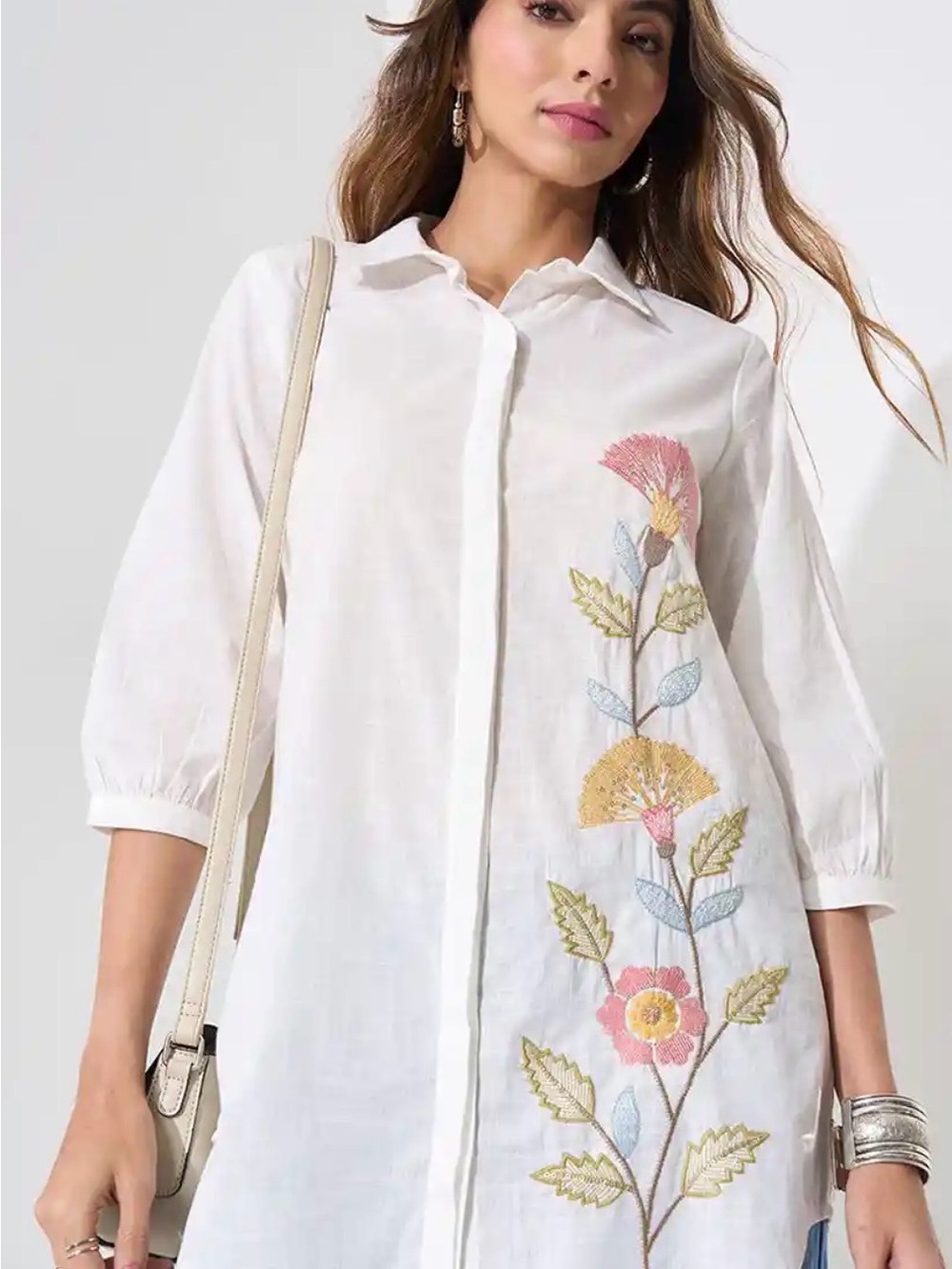 Embroidered White Button-Front Tunic Shirt